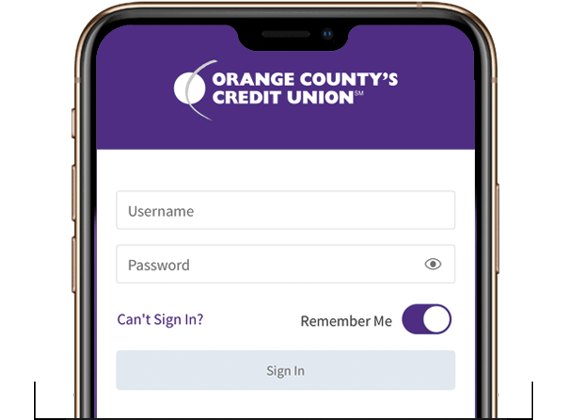 Smart Phone Login Screen of Orange County's Credit Union App
